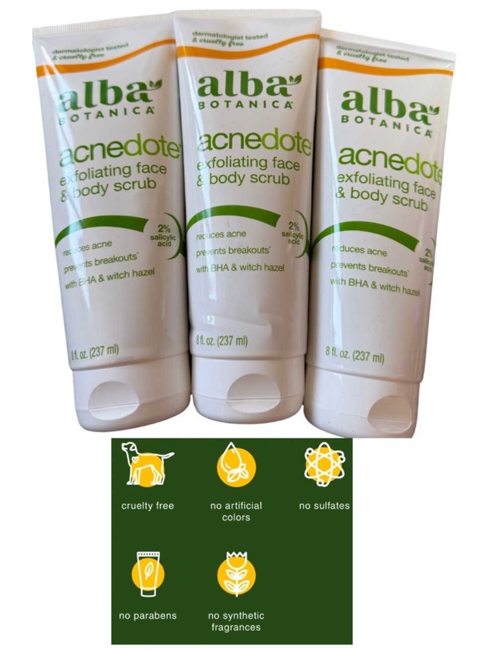 Lot of 3 Alba Botanica Acnedote Exfoliating Face & Body Scrub New acne teens 3x